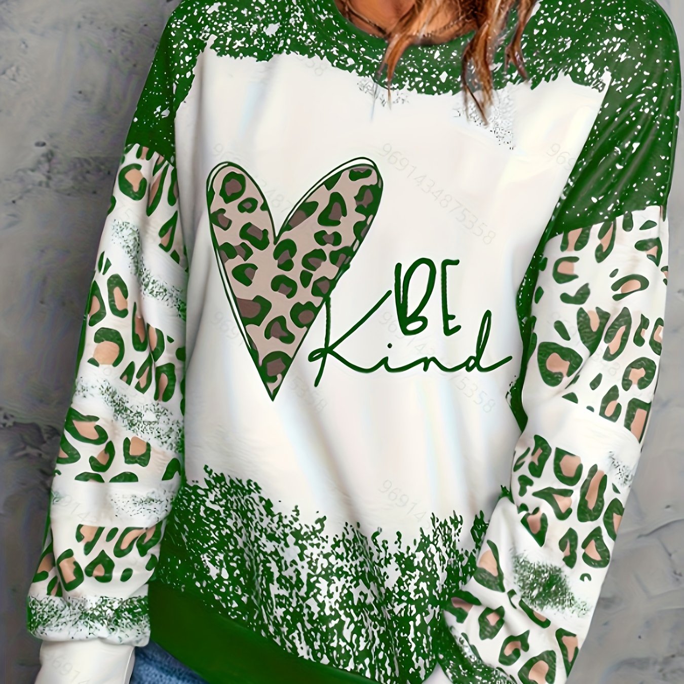 Plus Size Women's Cotton Leopard Heart Slogan Crew Neck Sweatshirt