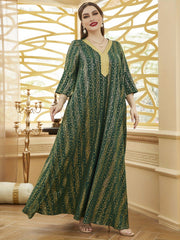 Plus Size Women's V-Neck Dress with Gold Floral Lace Sleeves and Adjustable Waist