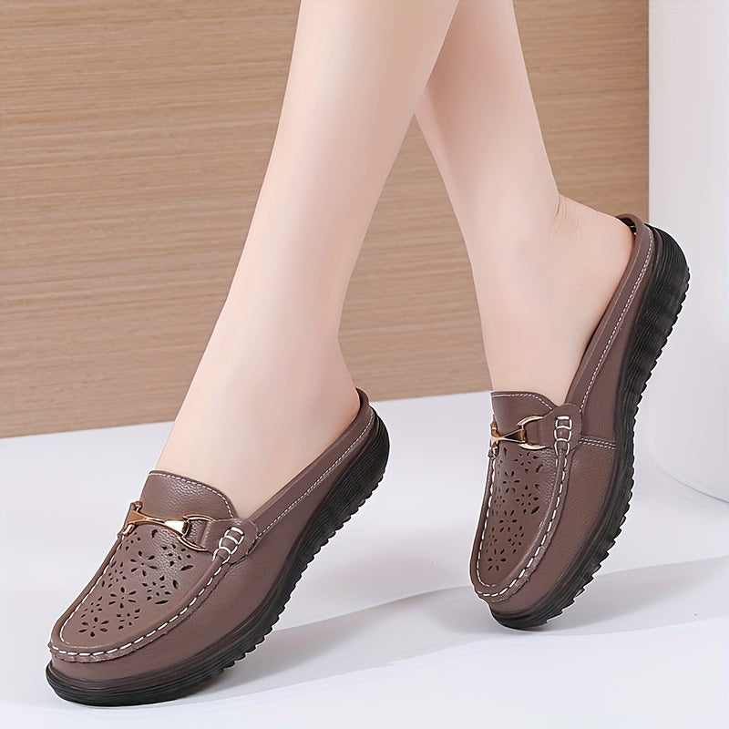 Women's Metal Buckle Mules, Flat Breathable Casual Shoes, Anti-slip