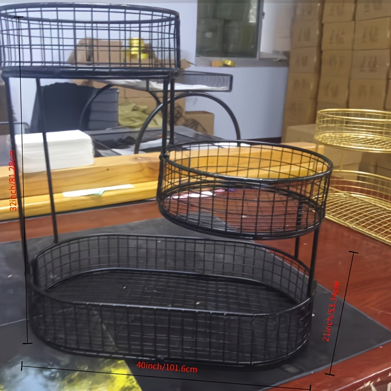 Двухуровочная корзина для хранения из черной металлической сетки для кухни и гостиной