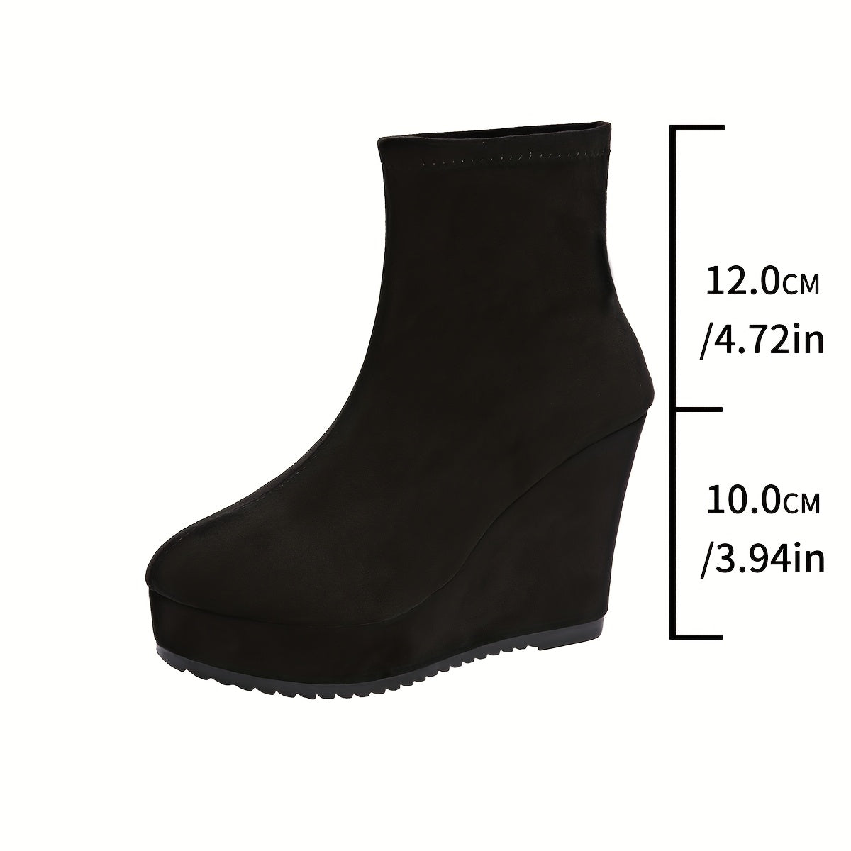 Women's Black Slip-On Wedge Boots with Thick Sole and Round Toe