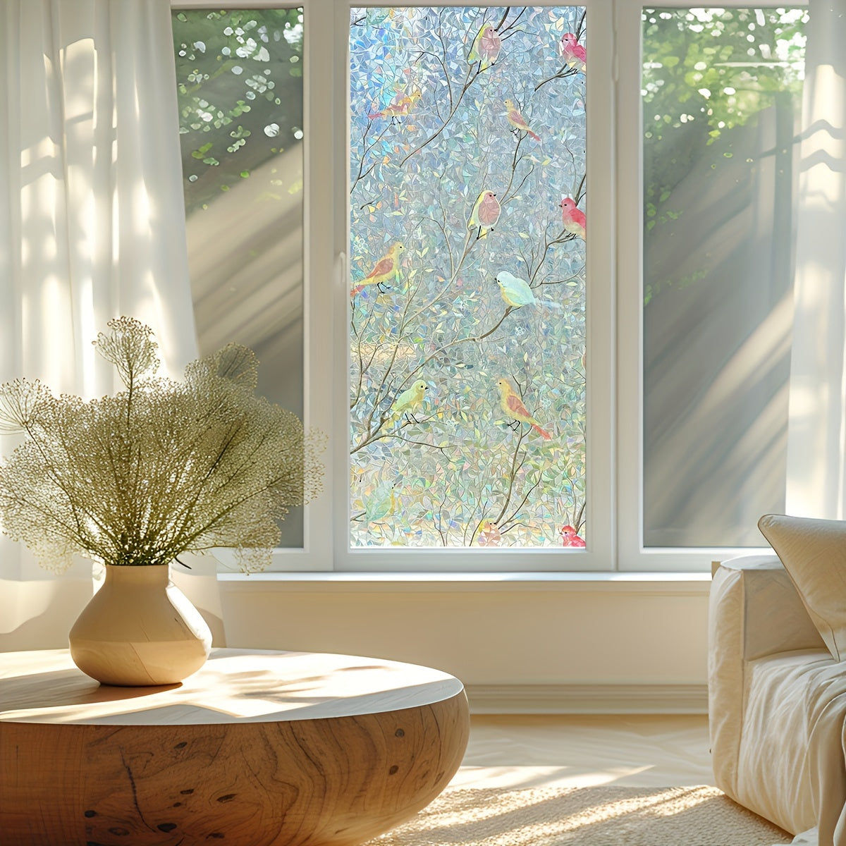 Frosted Privacy Window Film with Crescent & Diamond Pattern, Heat Control, No-Glue, Semi-Transparent, 9mil PVC