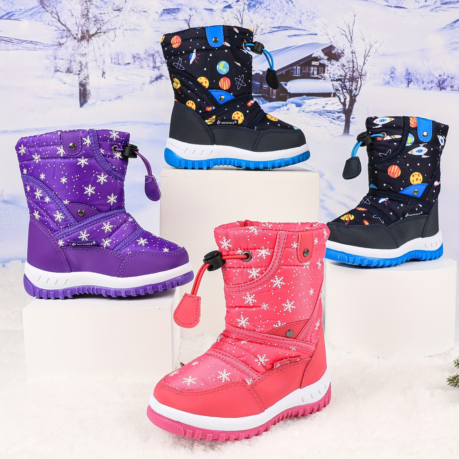 Kids Winter Snow Boots for Boys and Girls with Fur Lining Non-Slip TPR Sole Hook-and-Loop Closure in Blue Purple Red