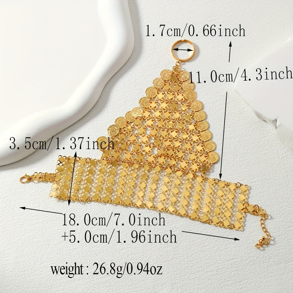 Gold Plated Boho Hand Chain Bracelet with Coin Tassel for Belly Dancing and Bollywood Style