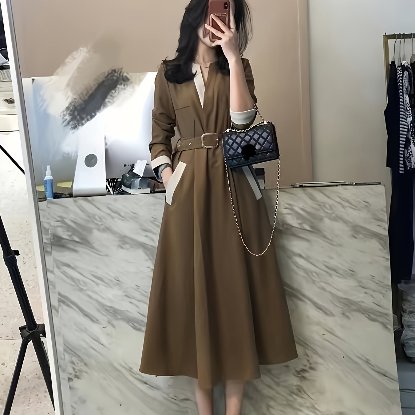 Women's Brown Polyester Midi Dress with V-Neck A-Line Belt for Spring Summer Fall