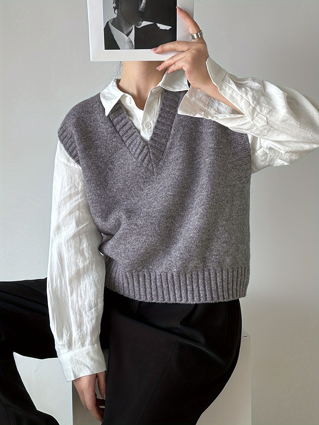 Chaleco de punto sólido sin mangas con escote en V para mujer, ideal para otoño e invierno