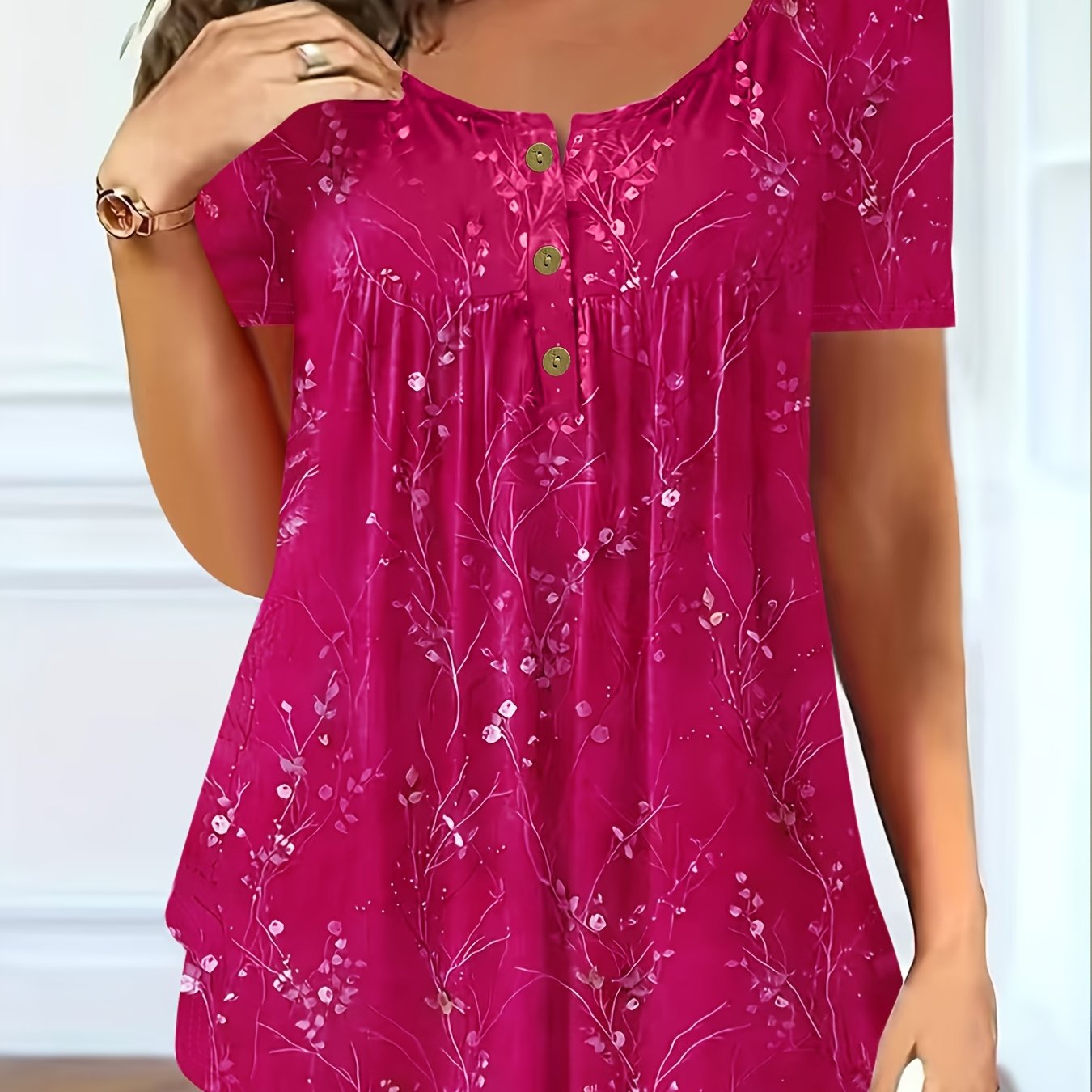 Plus Size Women's Floral Print Blouse Short Sleeve Summer Breathable Fabric