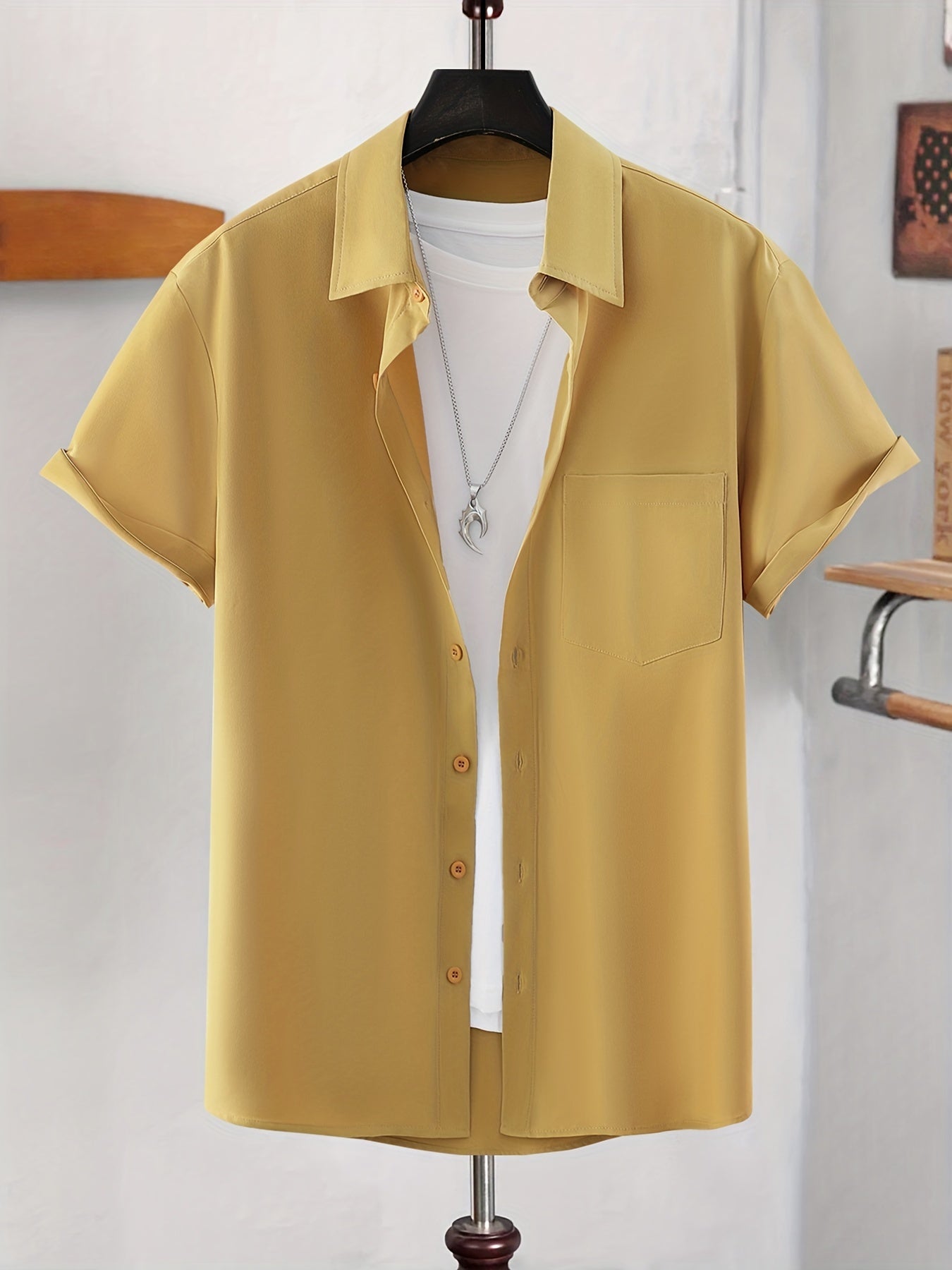 Plus Size Men's Casual Shirts Set 3 Polyester Solid Color Summer Woven Regular Fit