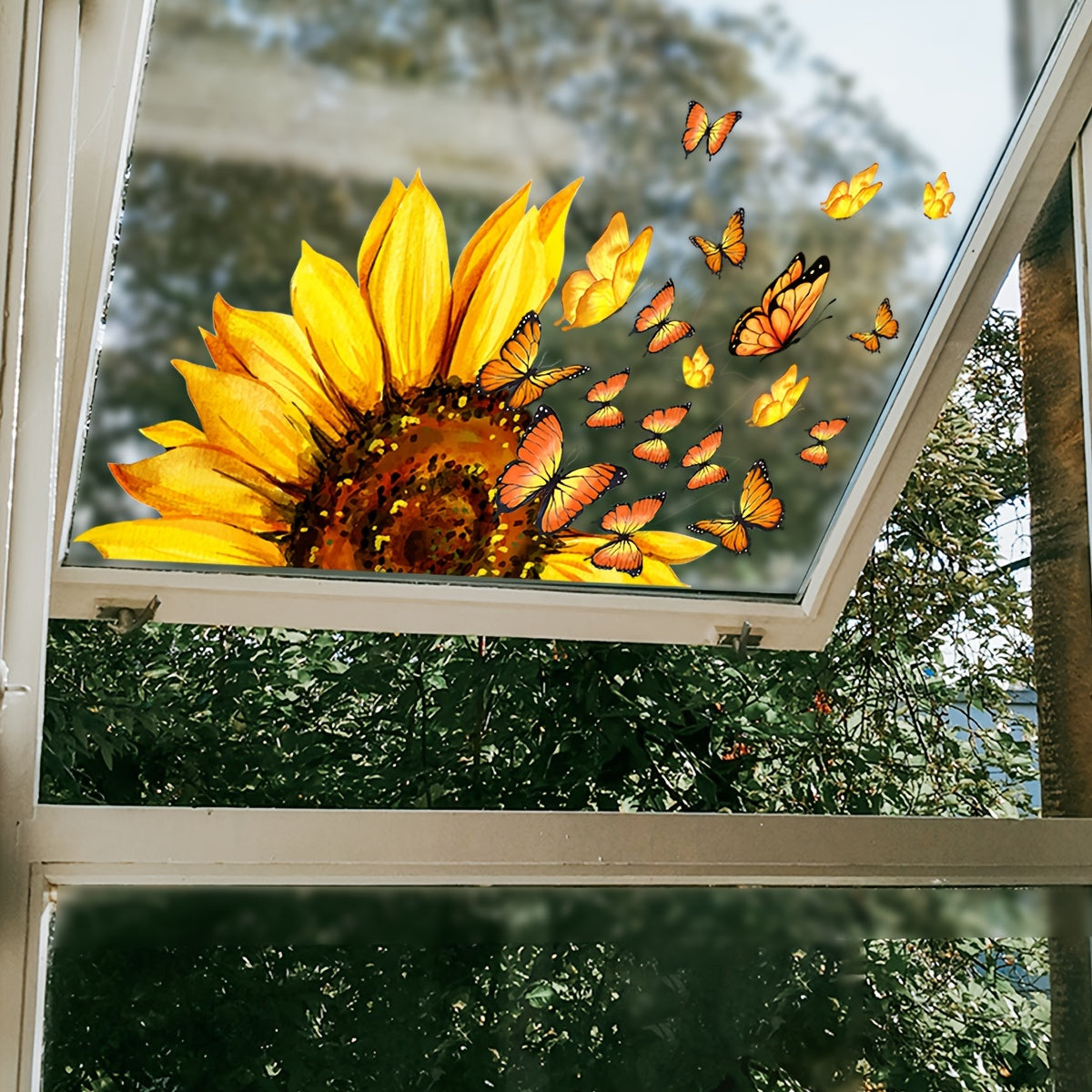 Double-Sided Sunflower Butterfly Window Decal Reusable PVC Sticker for Bedroom and Study