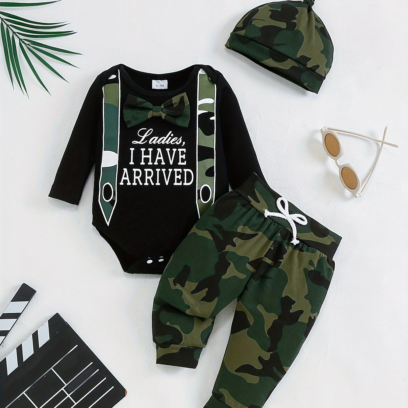 Baby Boy Clothing Set Long Sleeve Camouflage Bow Shirt Pants Hat All-Season