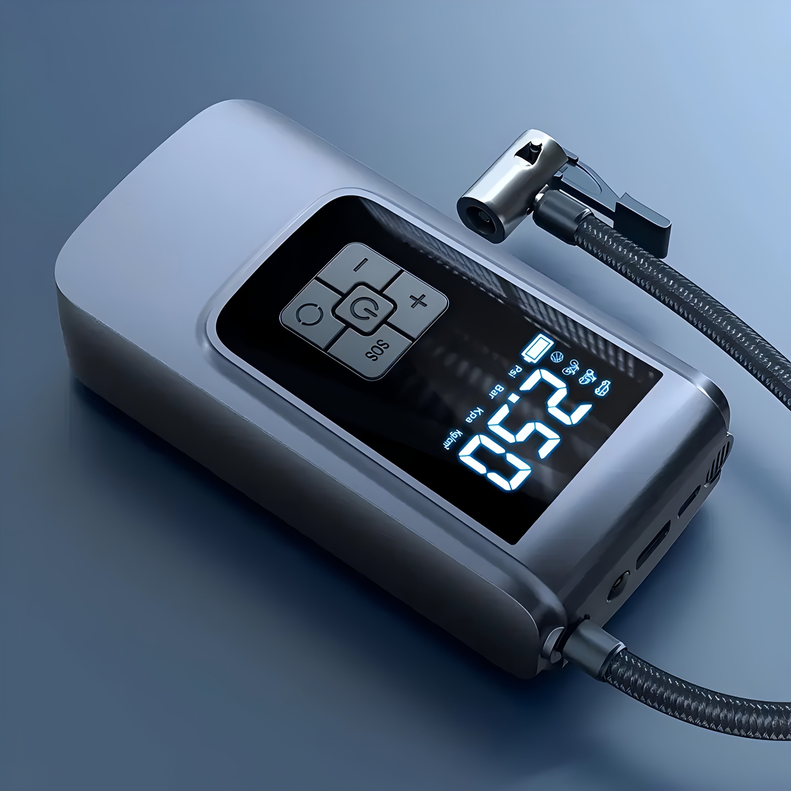 Портативный насос для шин 150PSI с LED-экраном, перезаряжаемая батарея, USB-зарядка, для автомобилей и спортивного оборудования.
