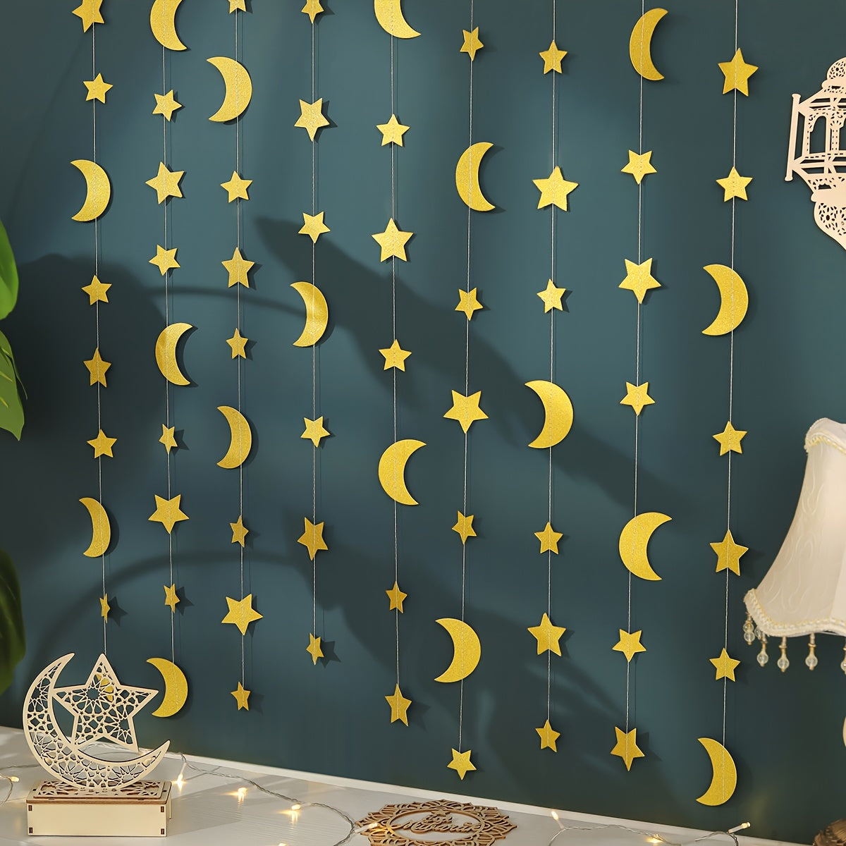 1 Ramazon bezak elementi, yulduz va oy pendanti, bayroq va tortish gul aksentlari bilan partiya va devor bezaklari uchun.