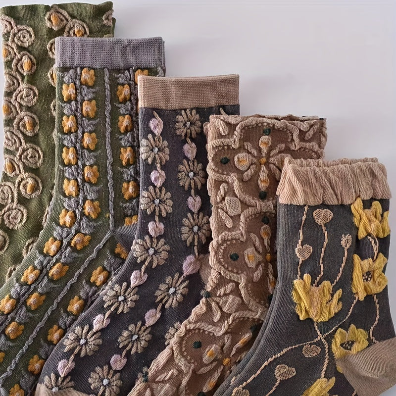 Women’s Ethnic Style Mid-Calf Socks 5 Pairs Embossed Pattern Breathable Comfortable