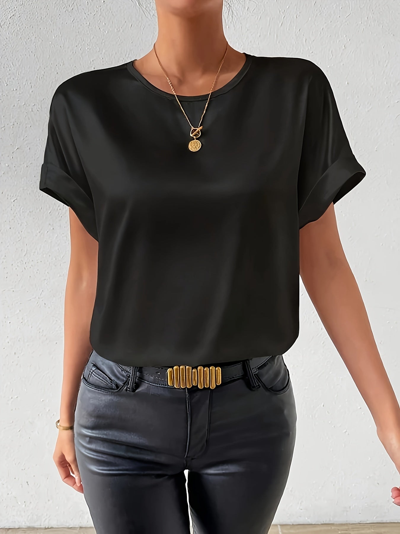 Plus Size Women's Woven Cotton Shirt Crew Neck Summer Casual Solid