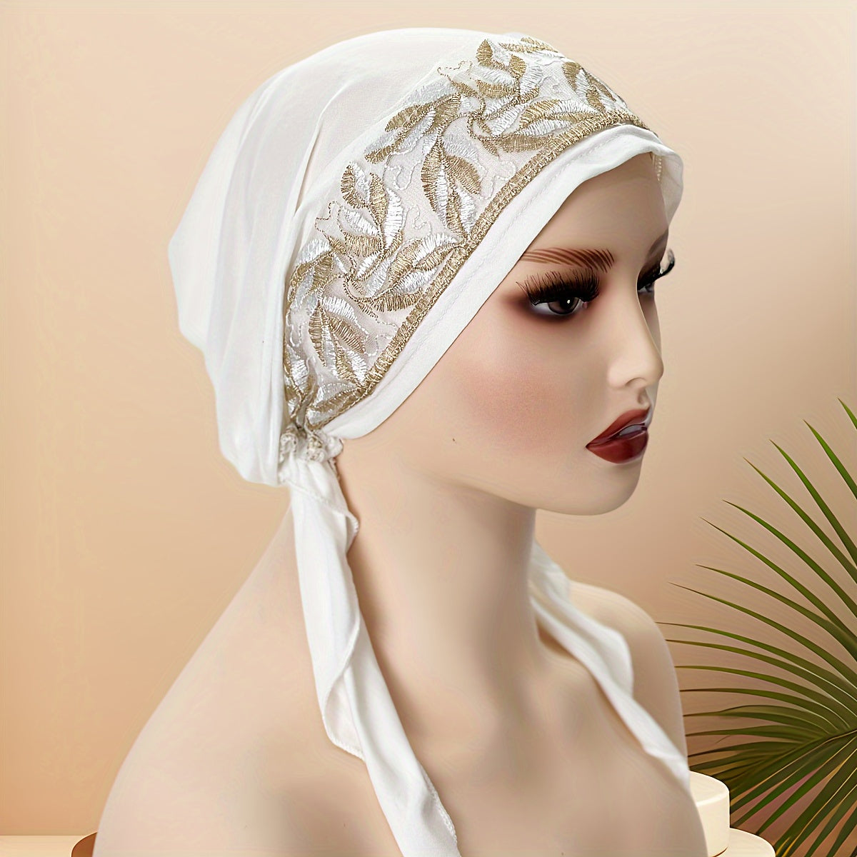 Black Elastic Chemo Hat with Embroidered Turban Design and Tails