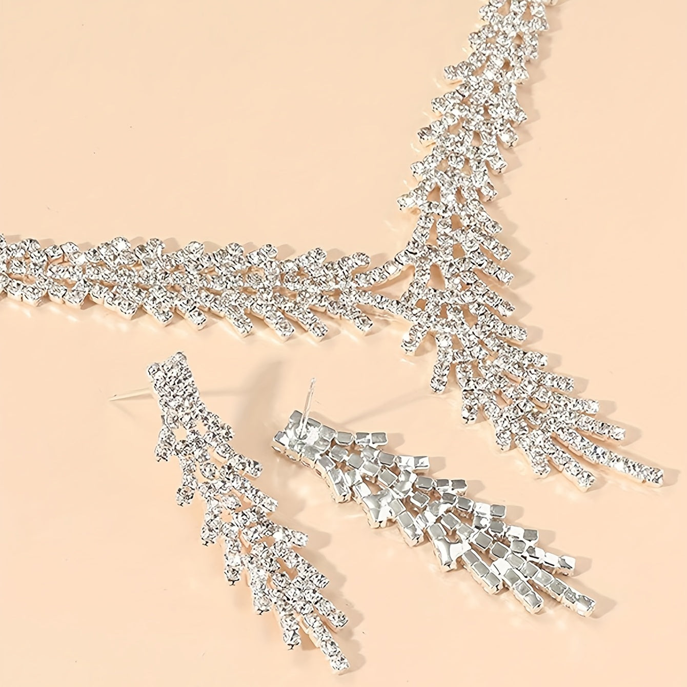 Silver Plated Jewelry Set with Rhinestone Earrings and Necklace for Women