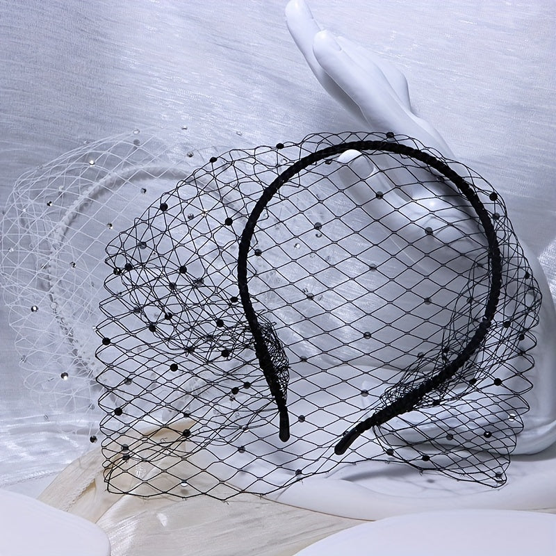Black Rhinestone Veil Headband for Wedding and Party Elegant Vintage Spiral Design
