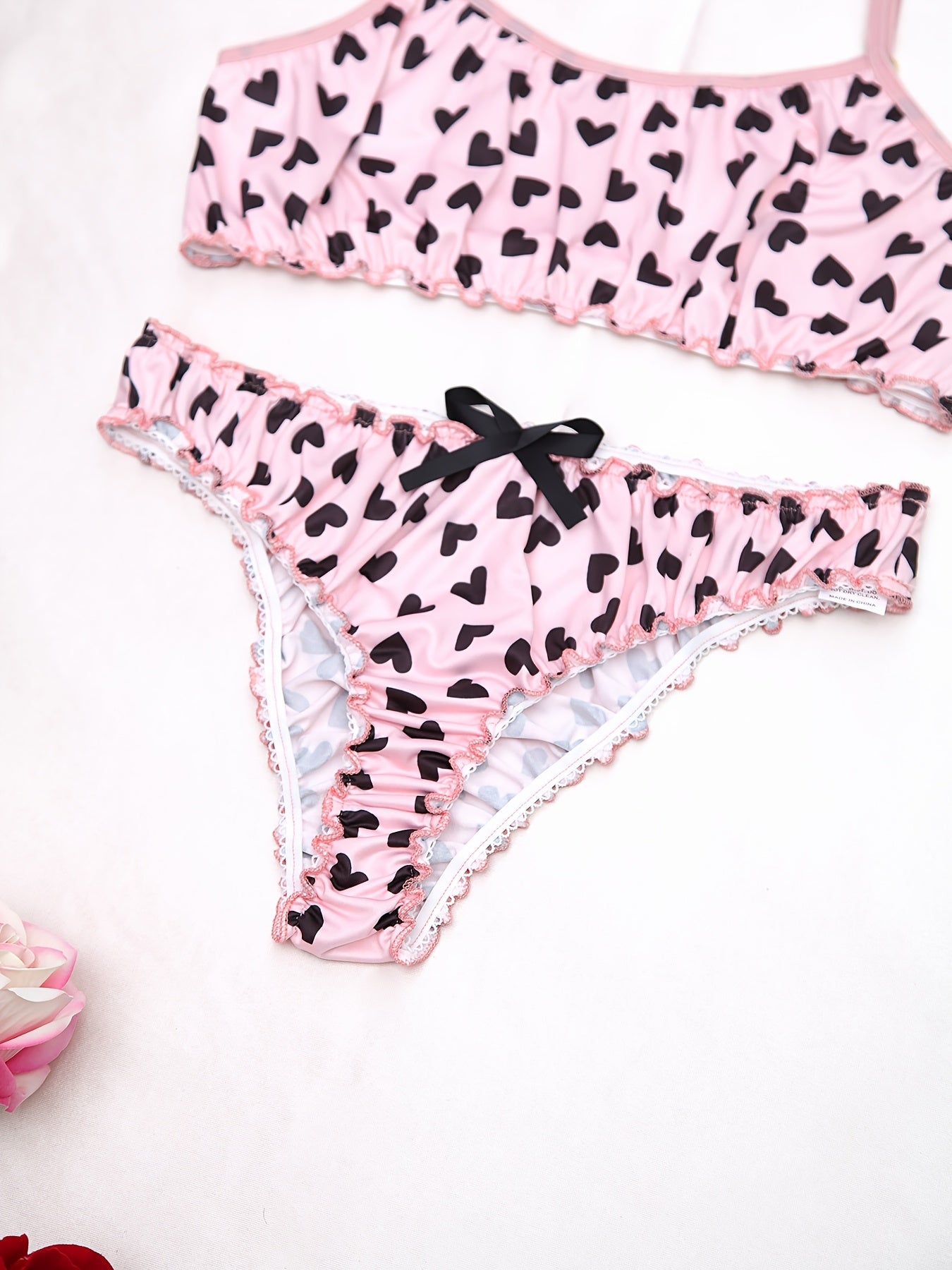 Women's Heart Pattern Lace Lingerie Set with Adjustable Straps