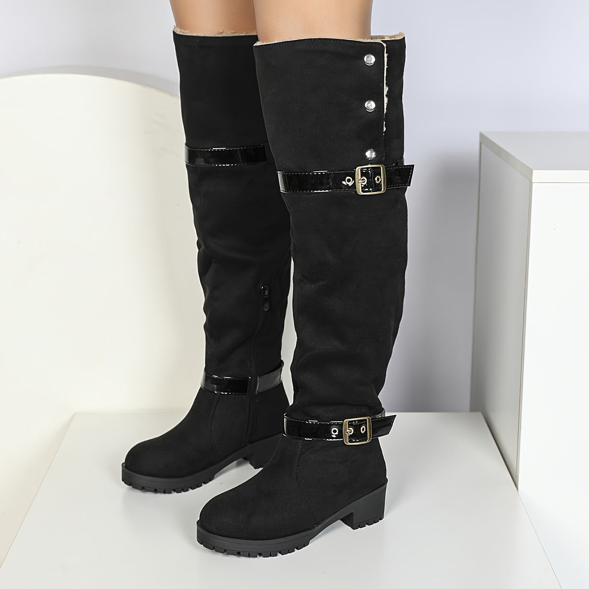 Women's Over-the-Knee Western Boots Buckle Round Toe Winter Lined