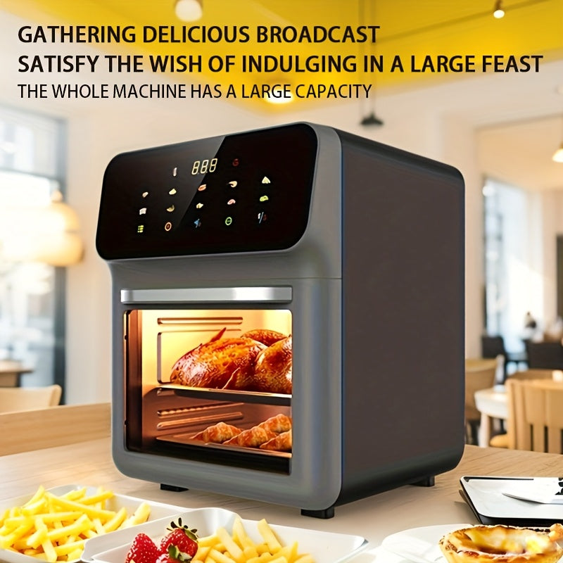 Katta hajmli ko'p funktsiyali uy oshxona airfryeri, kam yog' va yog'li, issiq havo aylanishi, aqlli tegish nazorati, o'chirish xavfsizlik funksiyasi, katta ko'rish oynasi, ikki qatlamli issiqlikka chidamli.