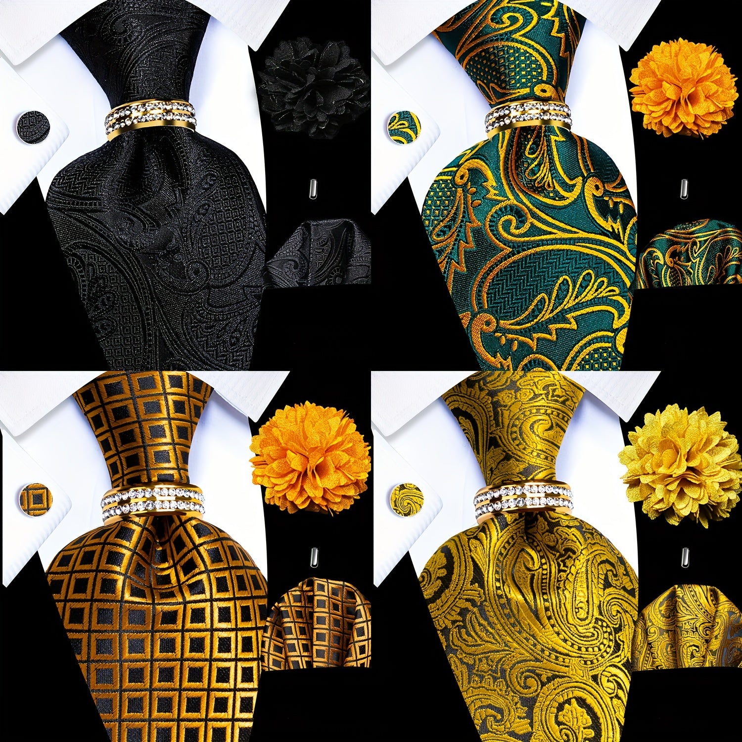 Men's Formal Tie Set with Pocket Square Cufflinks Tie Clip Lapel Pin and Ring for Weddings and Occasions