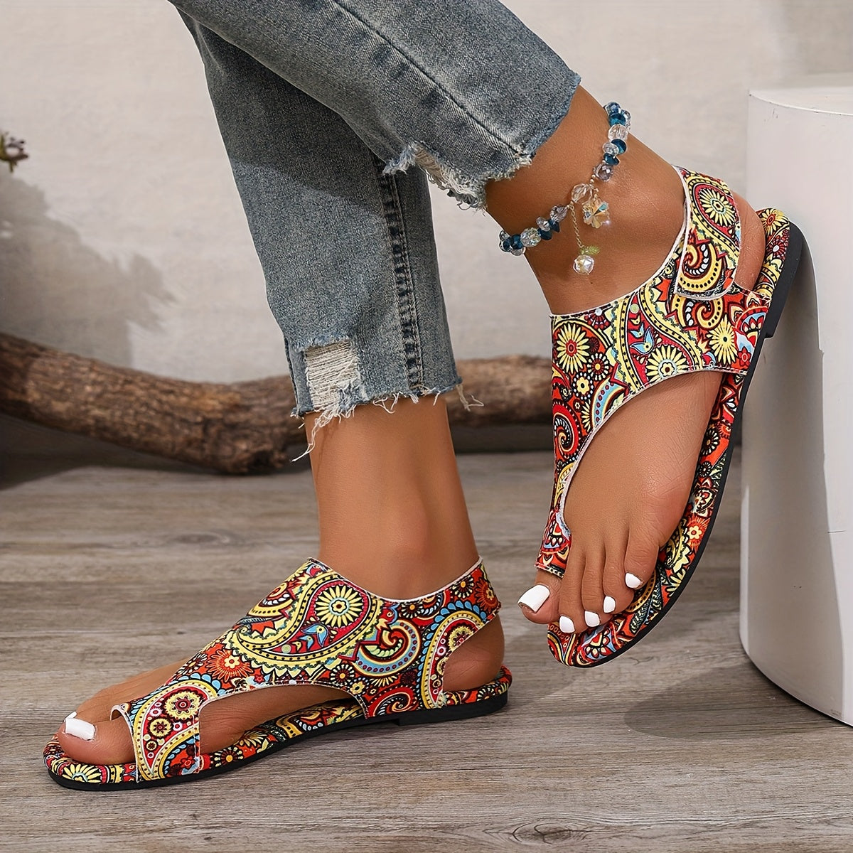 Women's Bohemian Paisley Flat Sandals with Adjustable Hook-and-Loop, Breathable Fabric, Non-Slip Sole