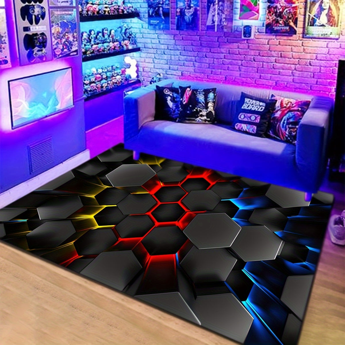 Alfombra de área hexagonal luminosa 3D caprichosa, suave y antideslizante, estilo dibujo animado