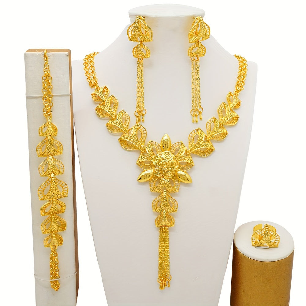 Luxury Gold Indian-Inspired Jewelry Set with Necklace Earrings and Ring for Weddings and Daily Wear