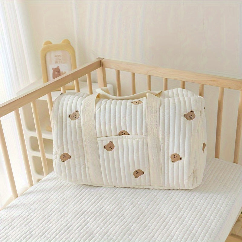Large Capacity Storage Bag with Embroidered Bear Design for Travel and Organization