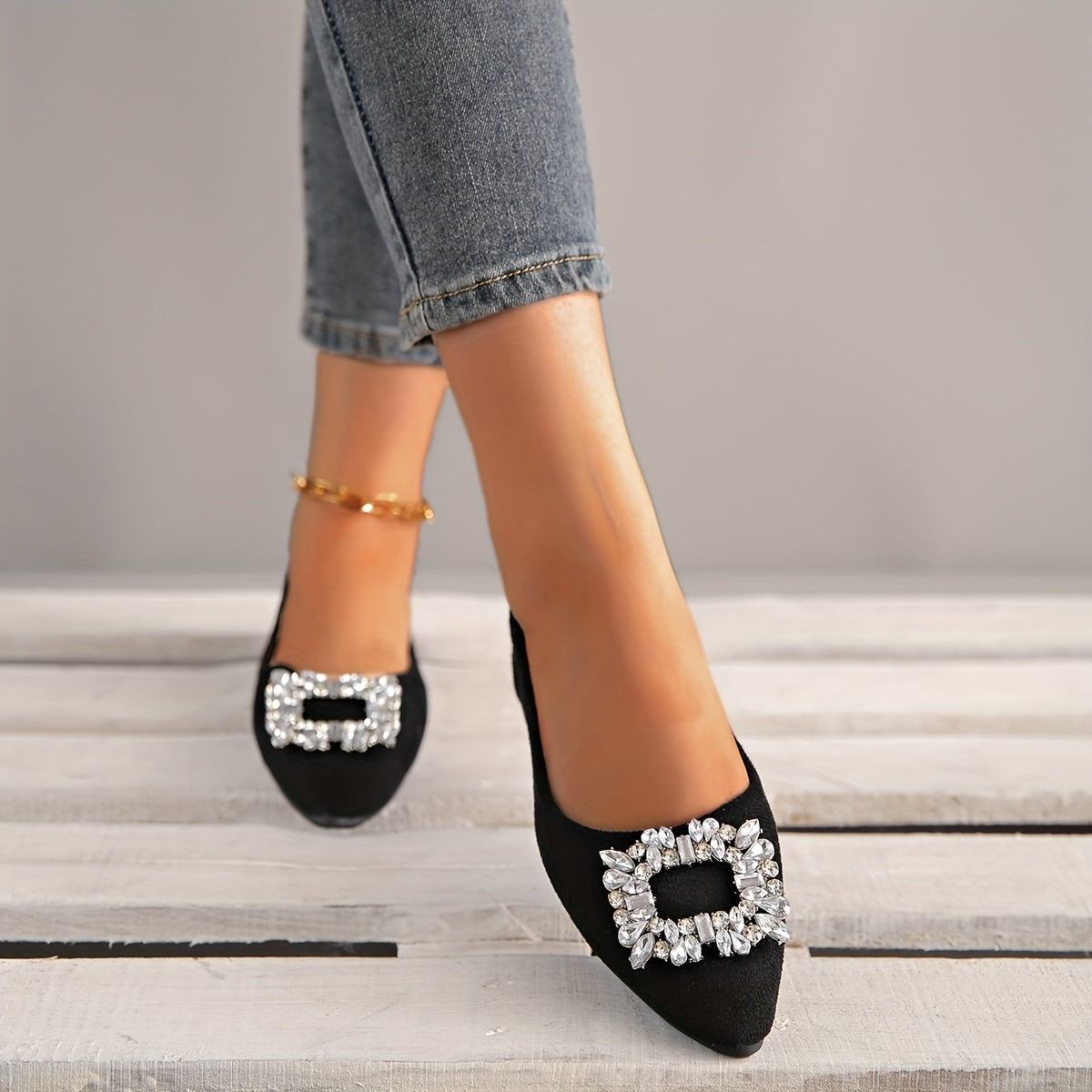 Women Rhinestone Mary Jane Flats Pointed Toe Slip-On Shoes All-Season