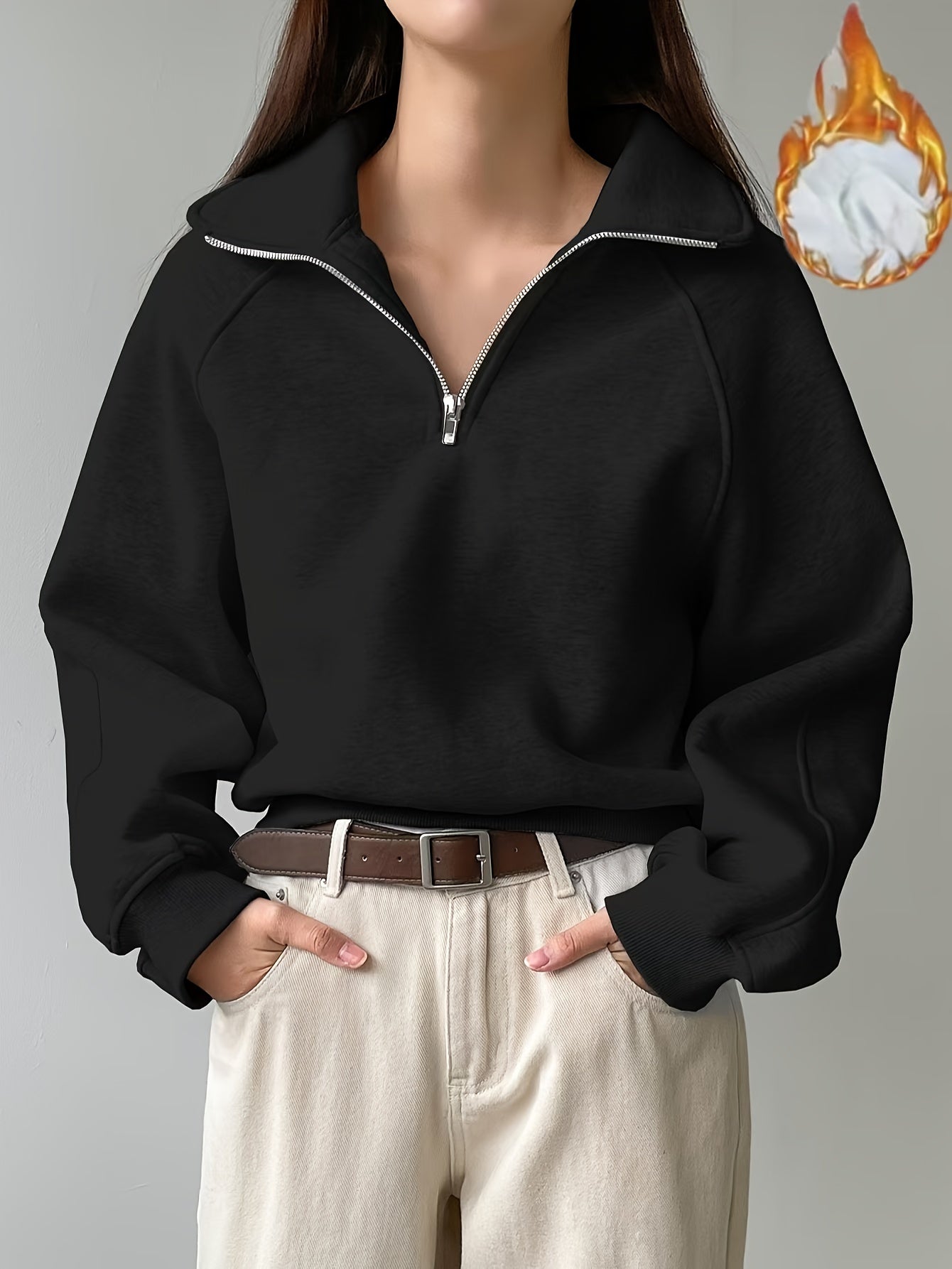 Women's Fleece-Lined Sweatshirt with Half-Zip Collar Raglan Sleeves Fall Winter