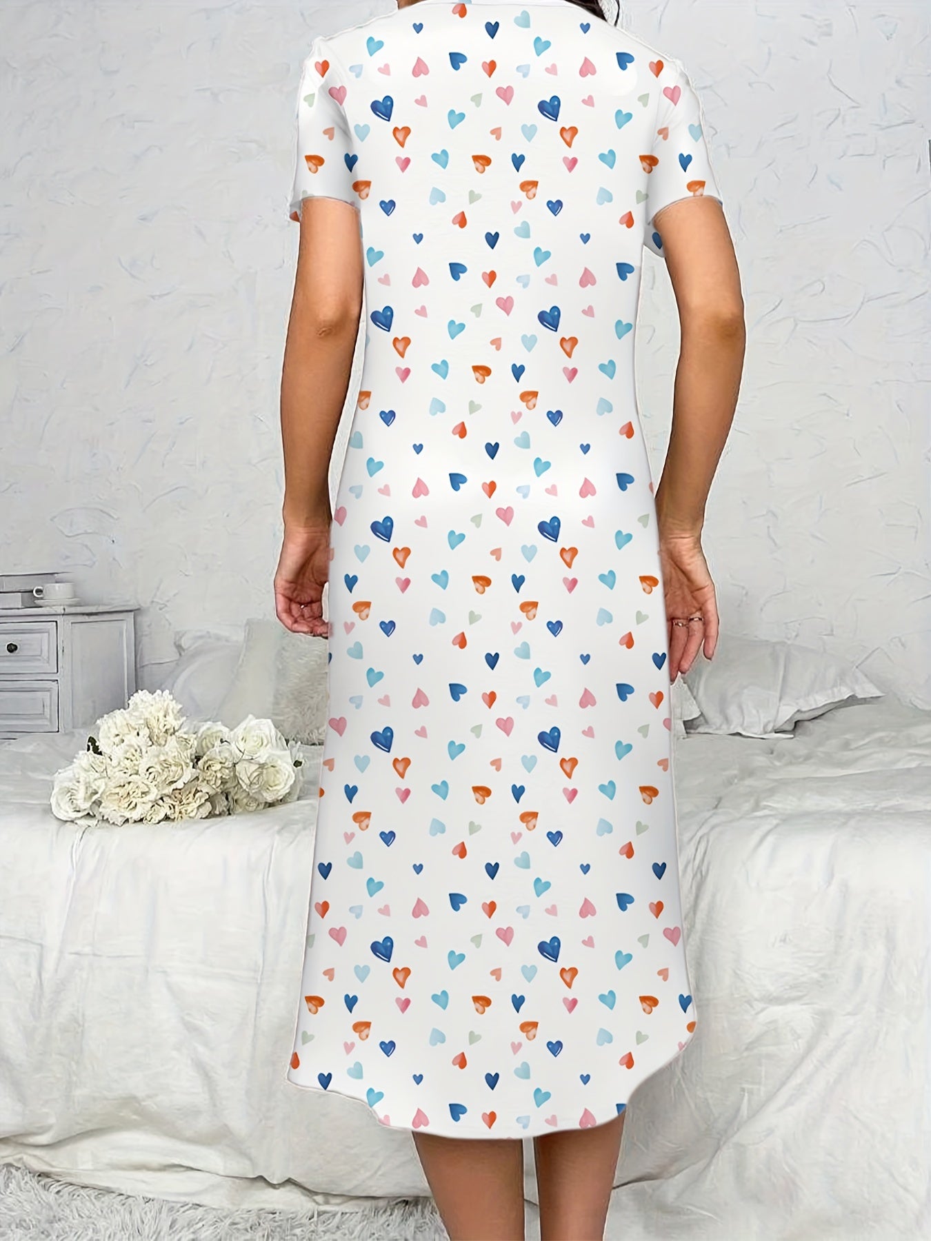 Vestido largo de dormir casual de algodón con estampado de corazones para mujer