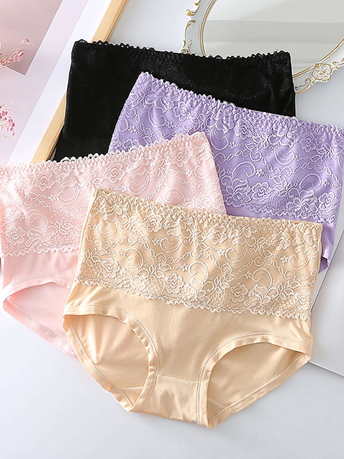 Plus Size High-Waisted Briefs 4-Pack Nylon Spandex Solid Lace Comfortable