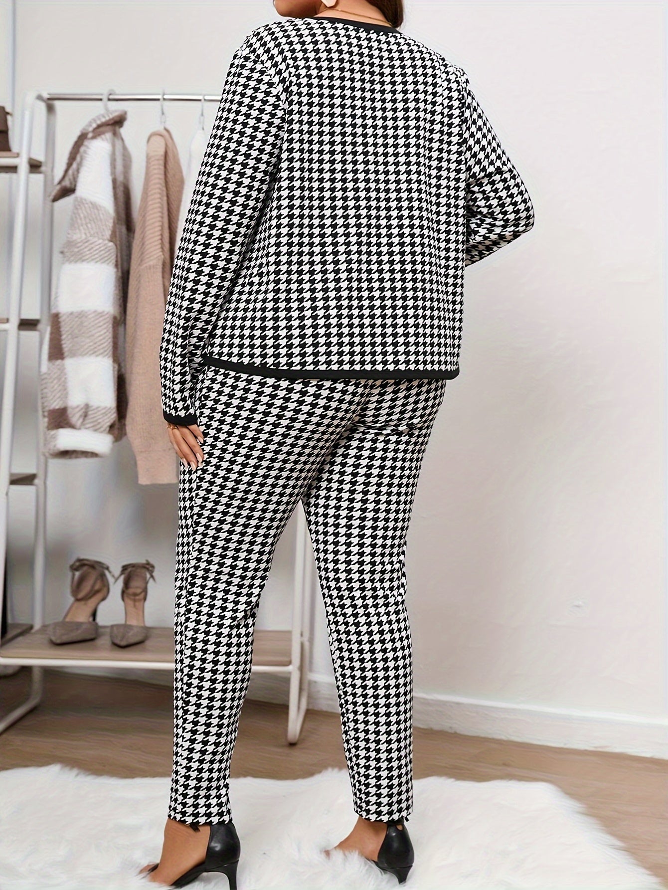 Plus Size Women's Houndstooth Jacket and Pants Set Stretchy Polyester