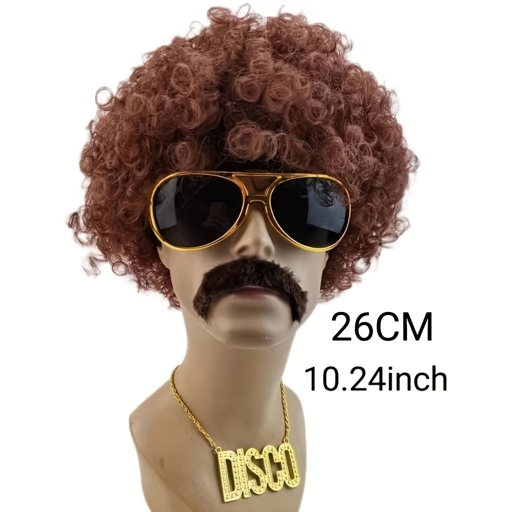 Men's 70s Costume Set with Black Curly Wig Glasses Necklace Beard