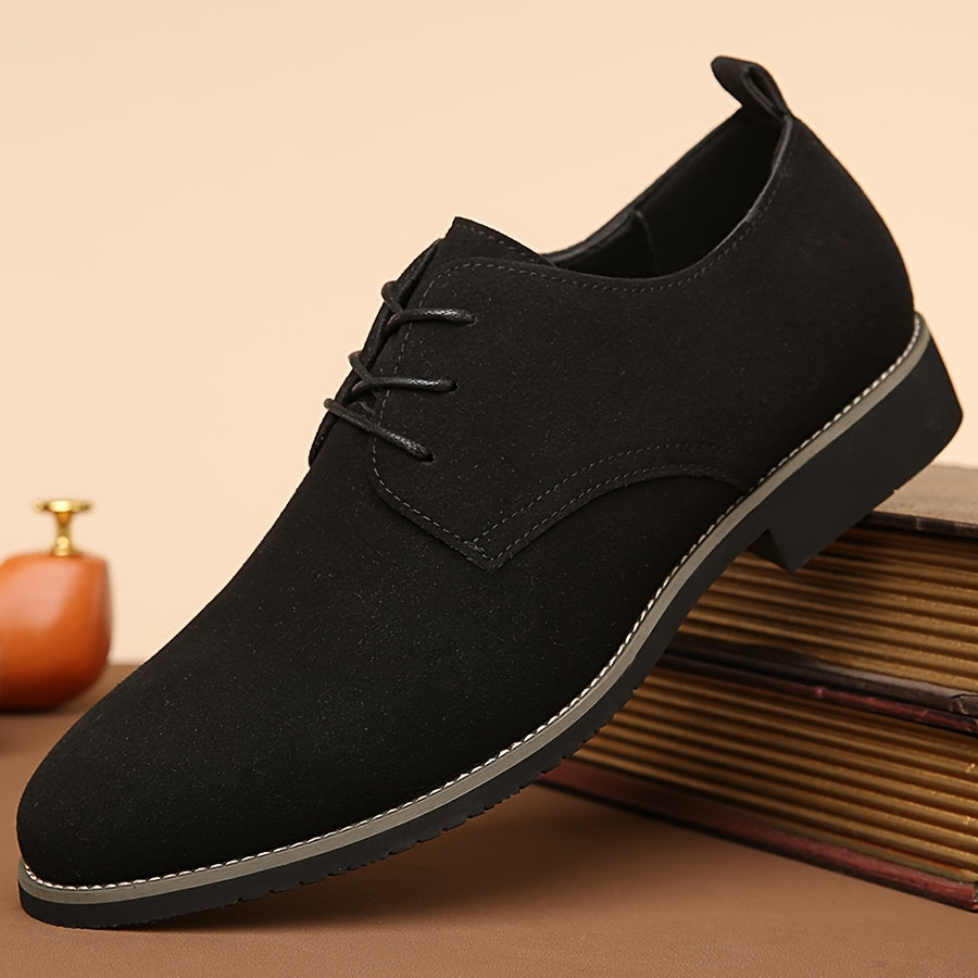 Men's Black Casual Dress Shoes Leather Pointed Toe Lace-Up Rubber Sole