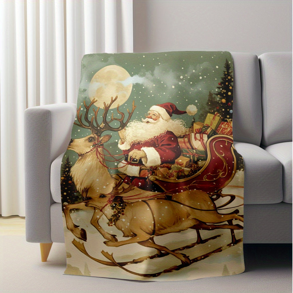 Christmas Santa Claus Flannel Throw Blanket Soft Knitted Polyester Warm Cozy for Home Office Travel