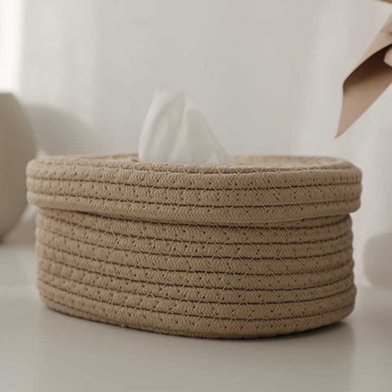 Beige Rope-Woven Tissue Box with Decorative Bow for Home Car or Office Use