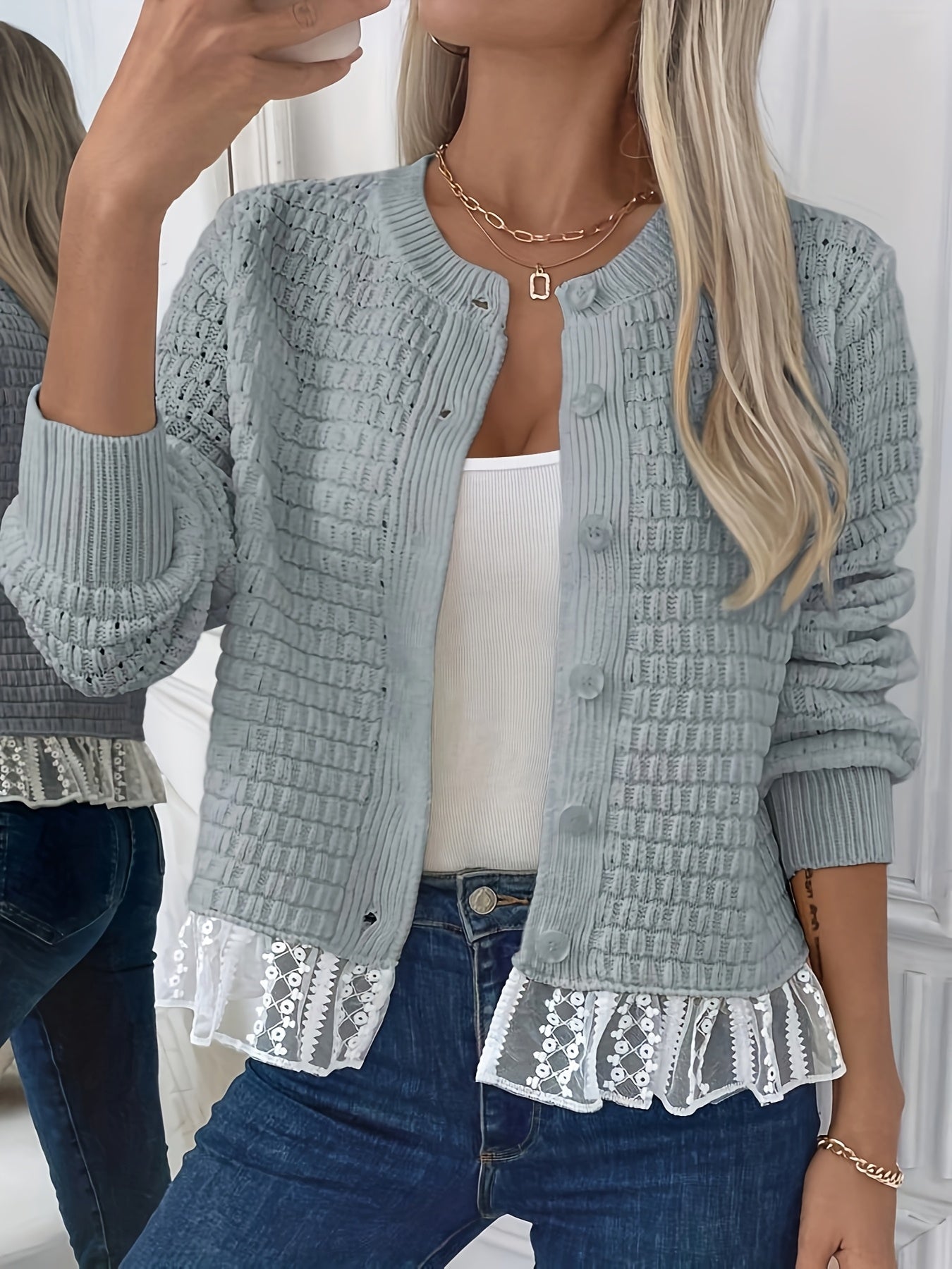 Женский кардиган с кружевной отделкой из шифона, полупрозрачный, с контрастными рукавами и укороченным кроем