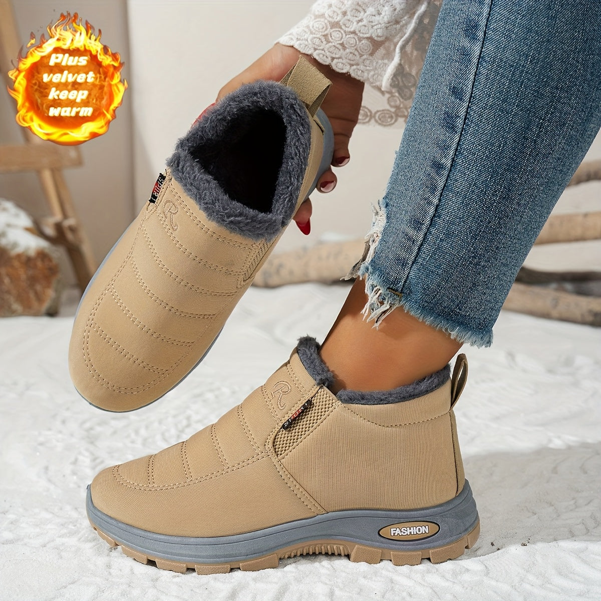 Women's Fleece-Lined Short Boots Black Red Winter Outdoor Shoes