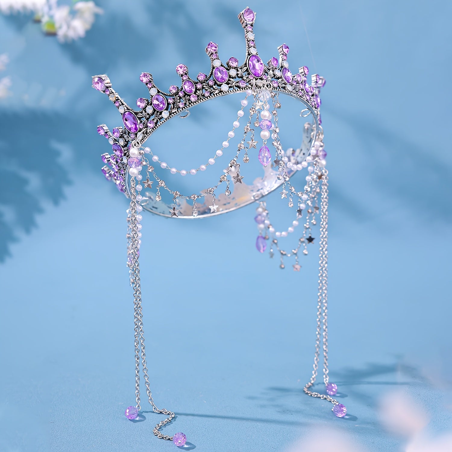 Purple Rhinestone Crown Headband for Women Wedding Party Tiara Hair Accessory