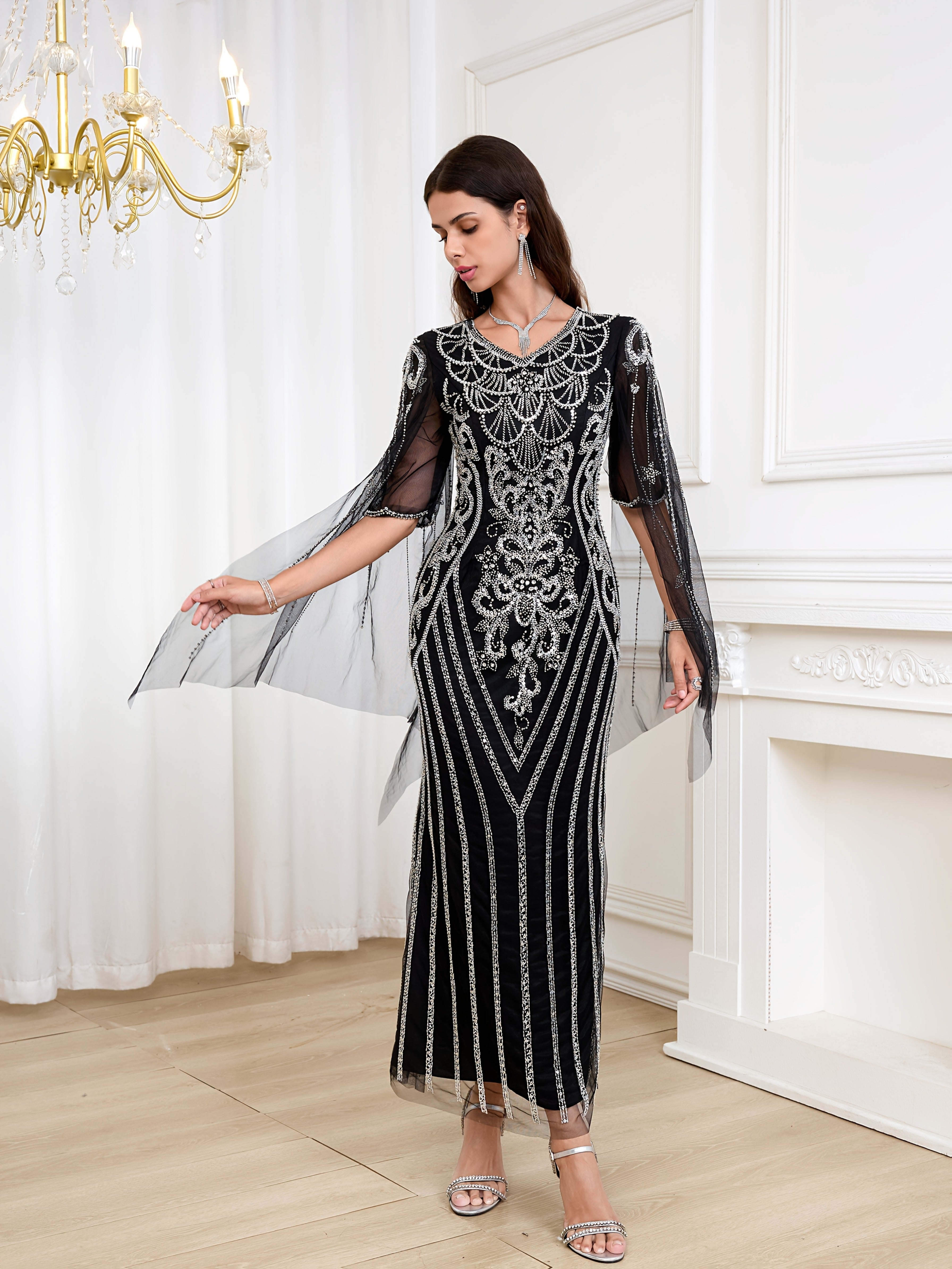 Women's V-Neck Long Dress with Sequin Details for Weddings and Events