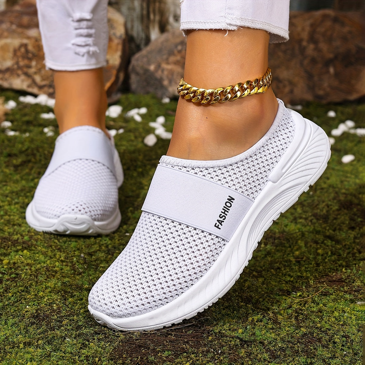 Women's White Slip-On Casual Sneakers Breathable Fabric Lightweight PVC