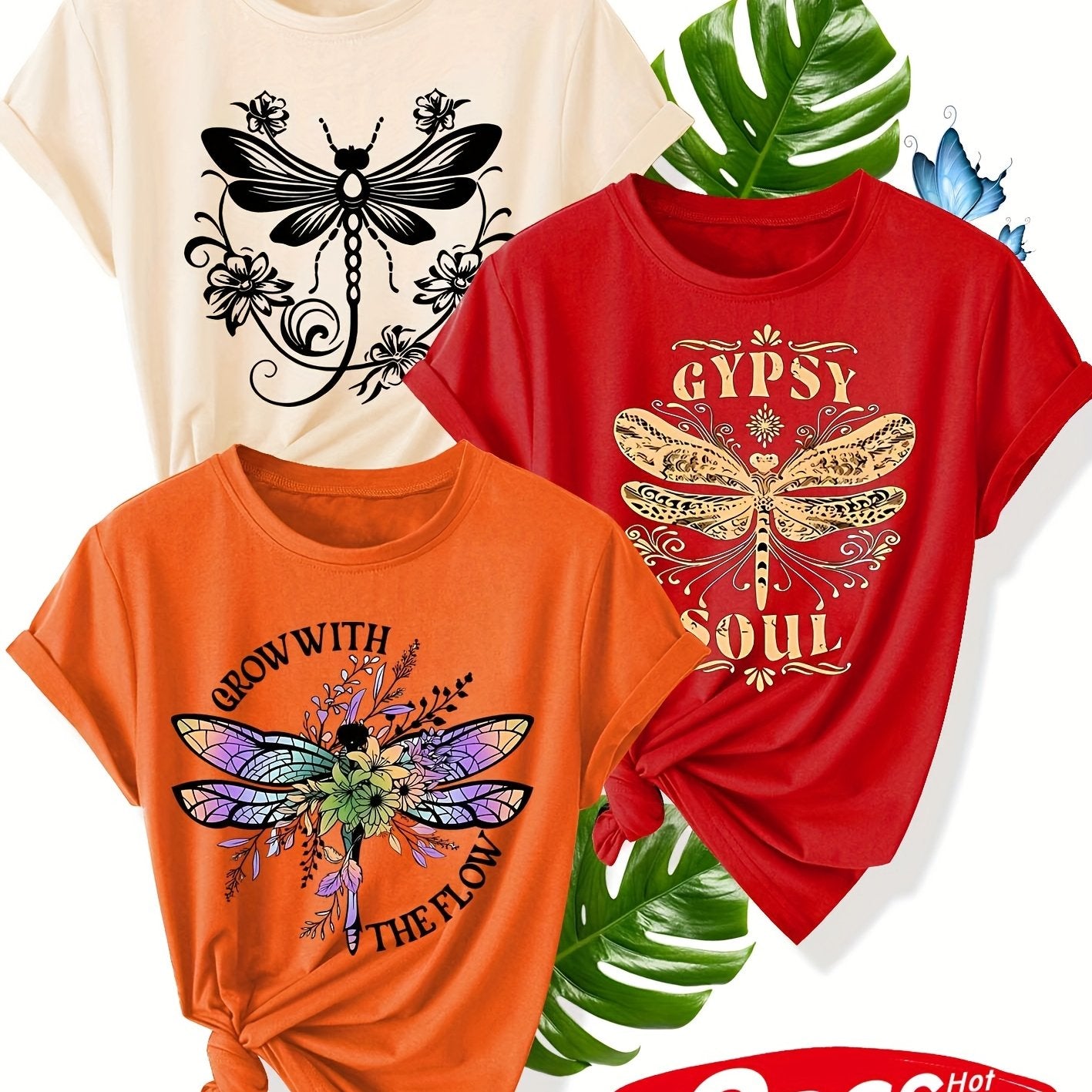 Women's Summer Casual T-Shirt With Flower Dragonfly Print Short Sleeve Multiple Colors