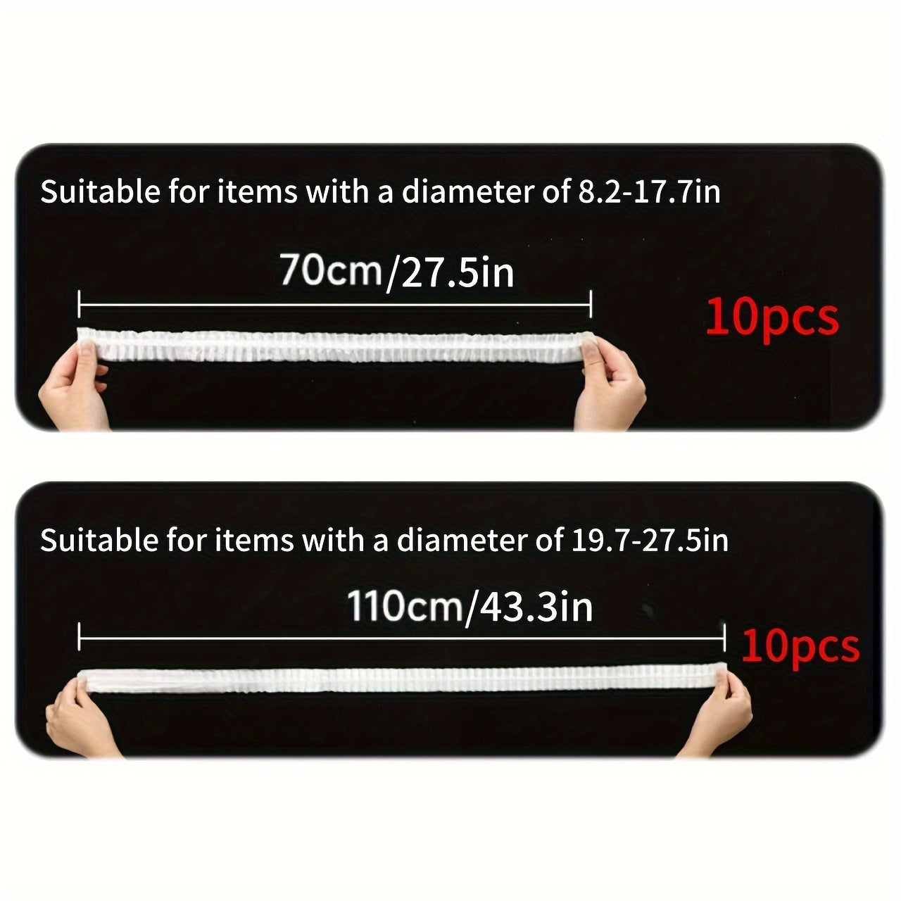 Uy jihozlari uchun plastik chang qoplamalari: Bir marta foydalanish uchun, 20 ta yoki 100 ta to'plamda mavjud. Jihozlar 20.83-44.96 sm ga mos keladi. Oshxona uskunalari, changyutgichlar va ta'minotlarni himoya qiladi.