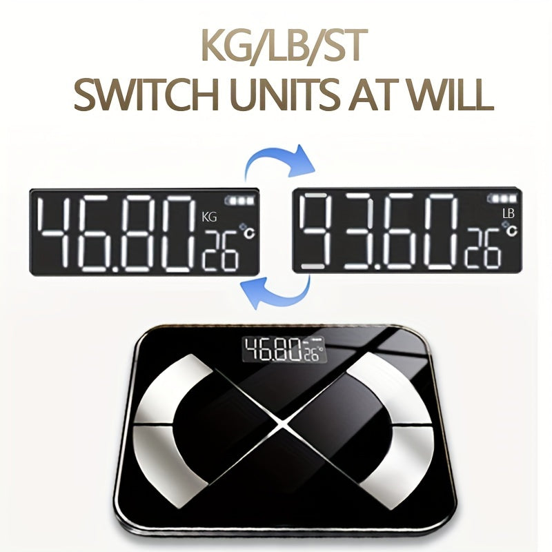 Small black body scale with battery-free operation 25 key analysis glass surface for home bathroom