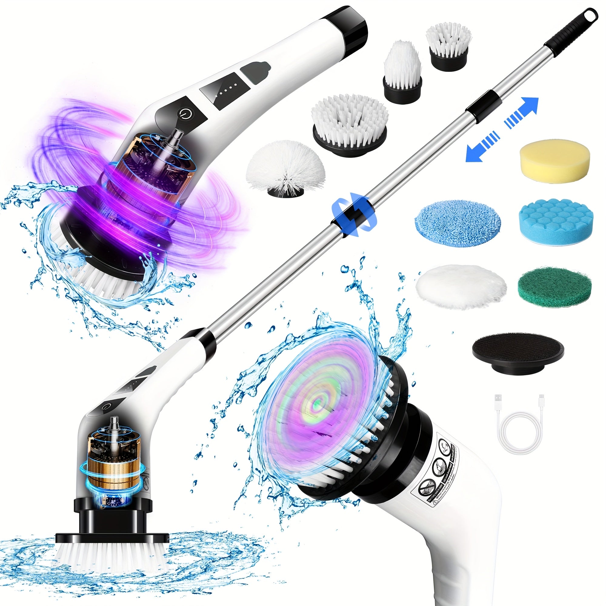 Wireless Electric Rotating Cleaning Brush with Replaceable Heads and Adjustable Handle