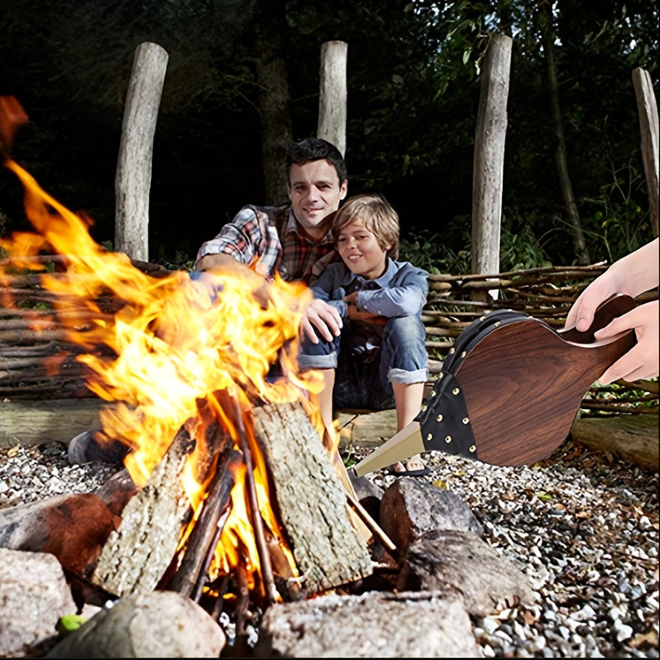 Rustic Brown Hardwood and Faux Leather Fireplace Bellows for Outdoor Cooking