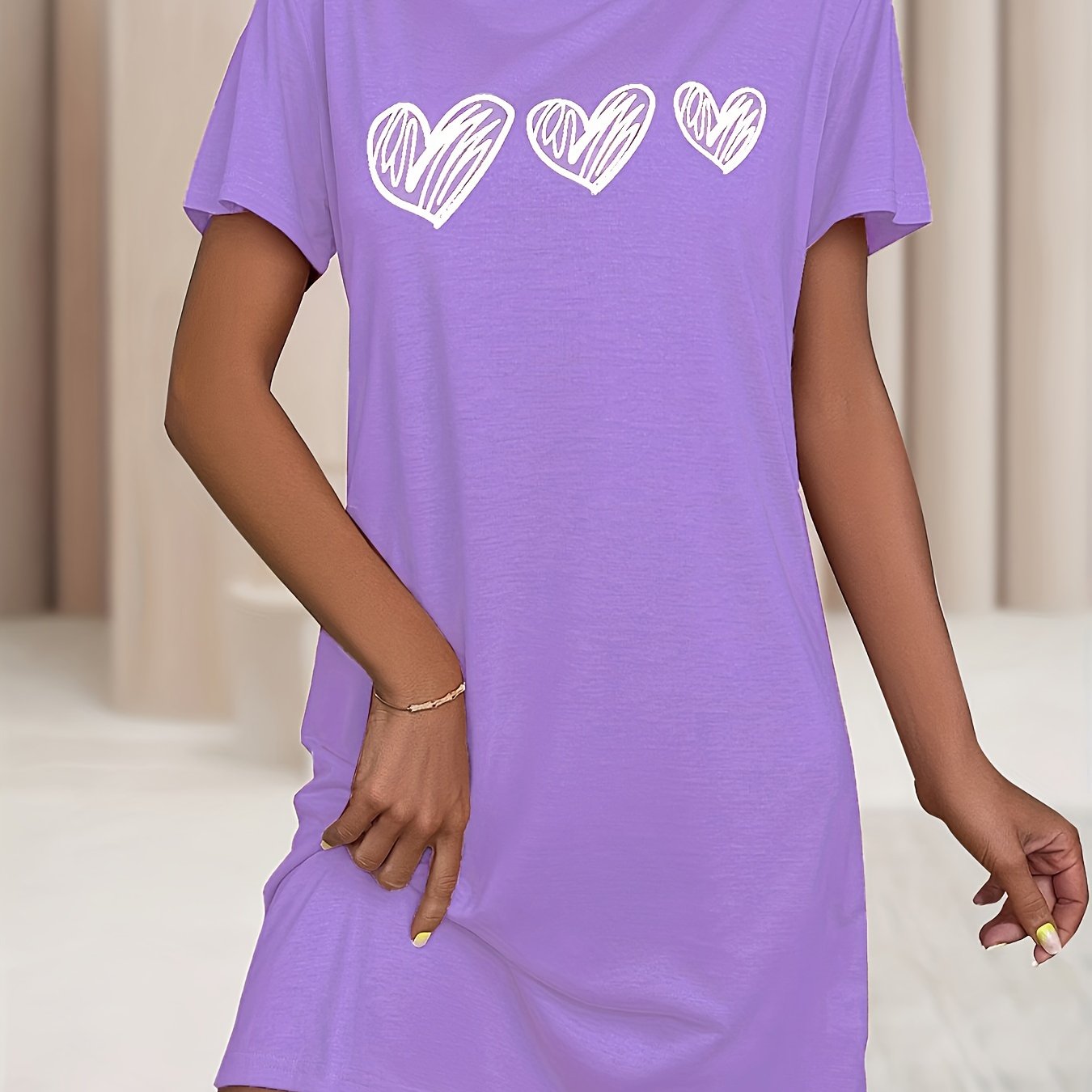 Women's Heart Pattern Sleep Dress Soft Stretchy Short Sleeve Nightgown