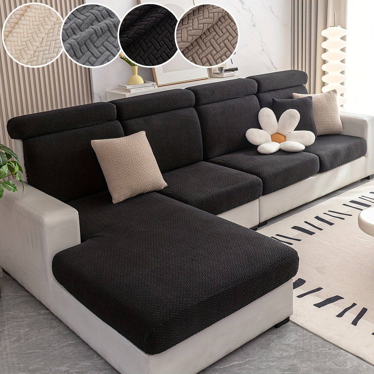 Checkered Pattern Polar Fleece Sofa Cover Boho Style Stretch Fabric Stain and Pet Scratch Protection